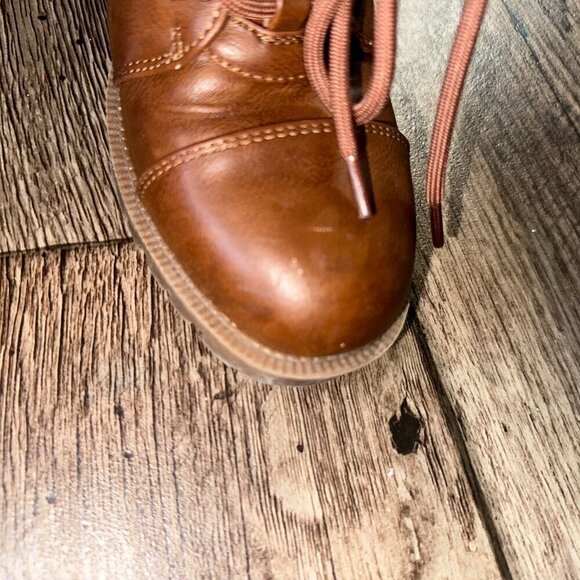 Women's Ankle Boots Brown Faux Leather Sherpa Tall Thick Heel Booties Size 7 - Picture 11 of 13